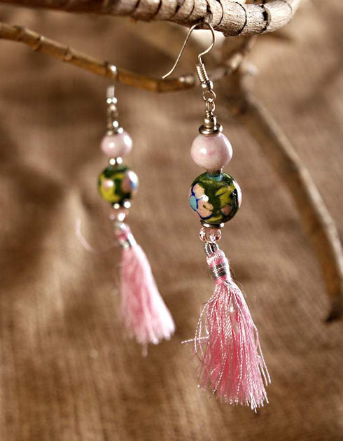 Blue Pottery 2 Beads Earrings with Tassels (Pink)